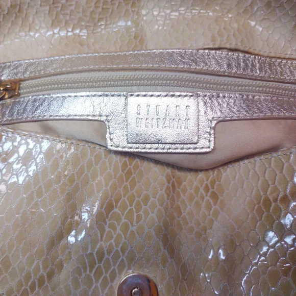 Stuart Weitzman Cream & Coffee Crocodile Embossed Y2K Hobo Bag| Gold Hardware - Picture 3 of 6